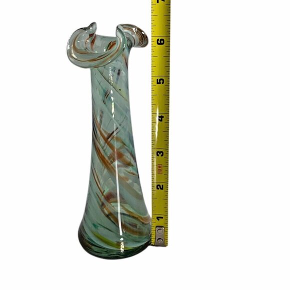 Vintage Art Glass Ruffled Vase Swirl Cased Ox Blood Blue Green Handblown 6.25" - Picture 4 of 10